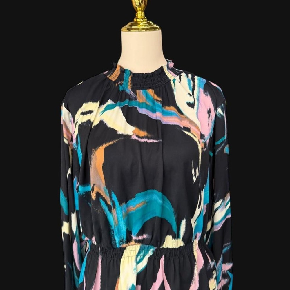 Nine West Abstract Brushstroke Smocked High Neck Blouse Long Sleeve Top Large